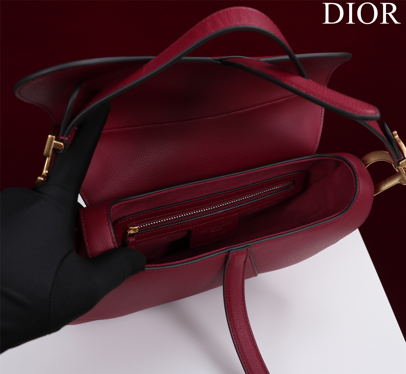 Saddle Bag with Strap Burgundy Grained Calfskin